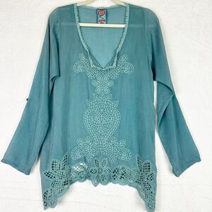 Johnny Was Embroidered Eyelet Crochet Top Size Small V-Neck Long Sleeve Boho